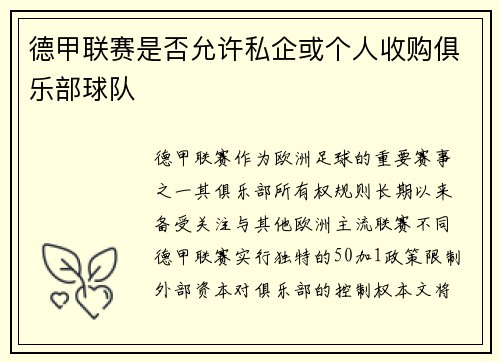 德甲联赛是否允许私企或个人收购俱乐部球队