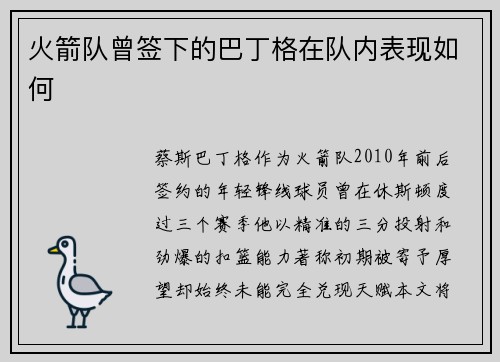 火箭队曾签下的巴丁格在队内表现如何